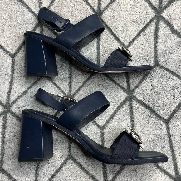 Tory Burch Navy Women's Delaney Embellished Leather Block Heel Sandals - Picture 10 of 16